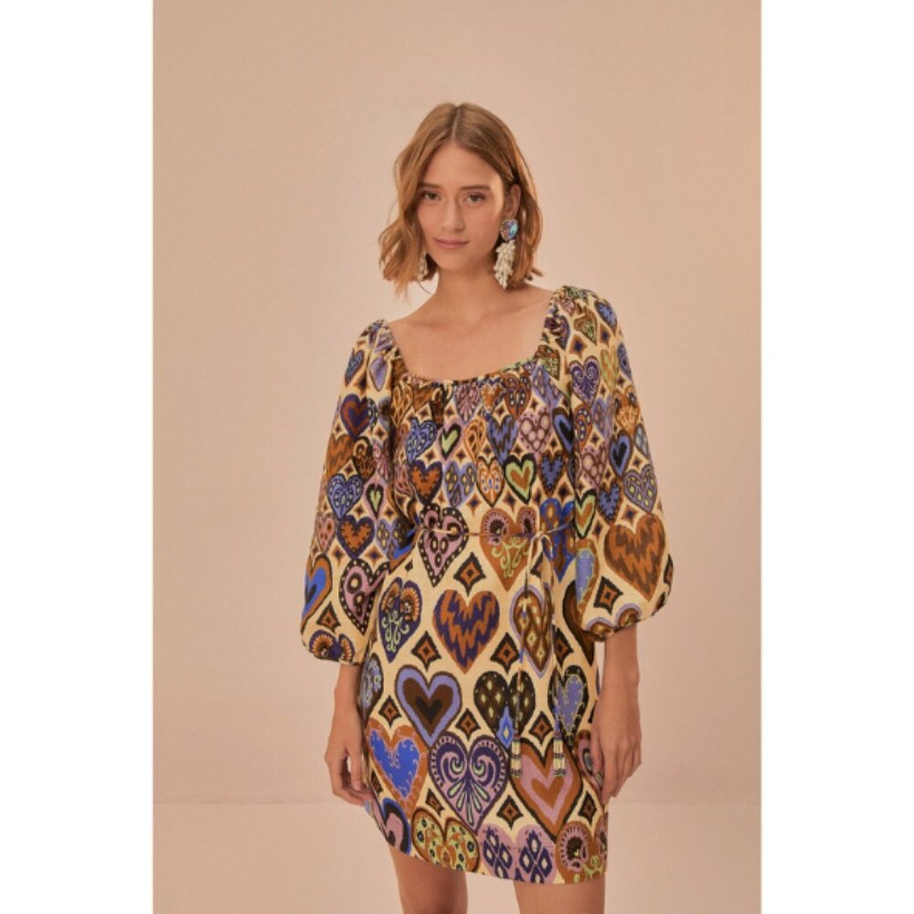 Farm Rio Cream Hearts Ikat Long Sleeve Mini Dress M